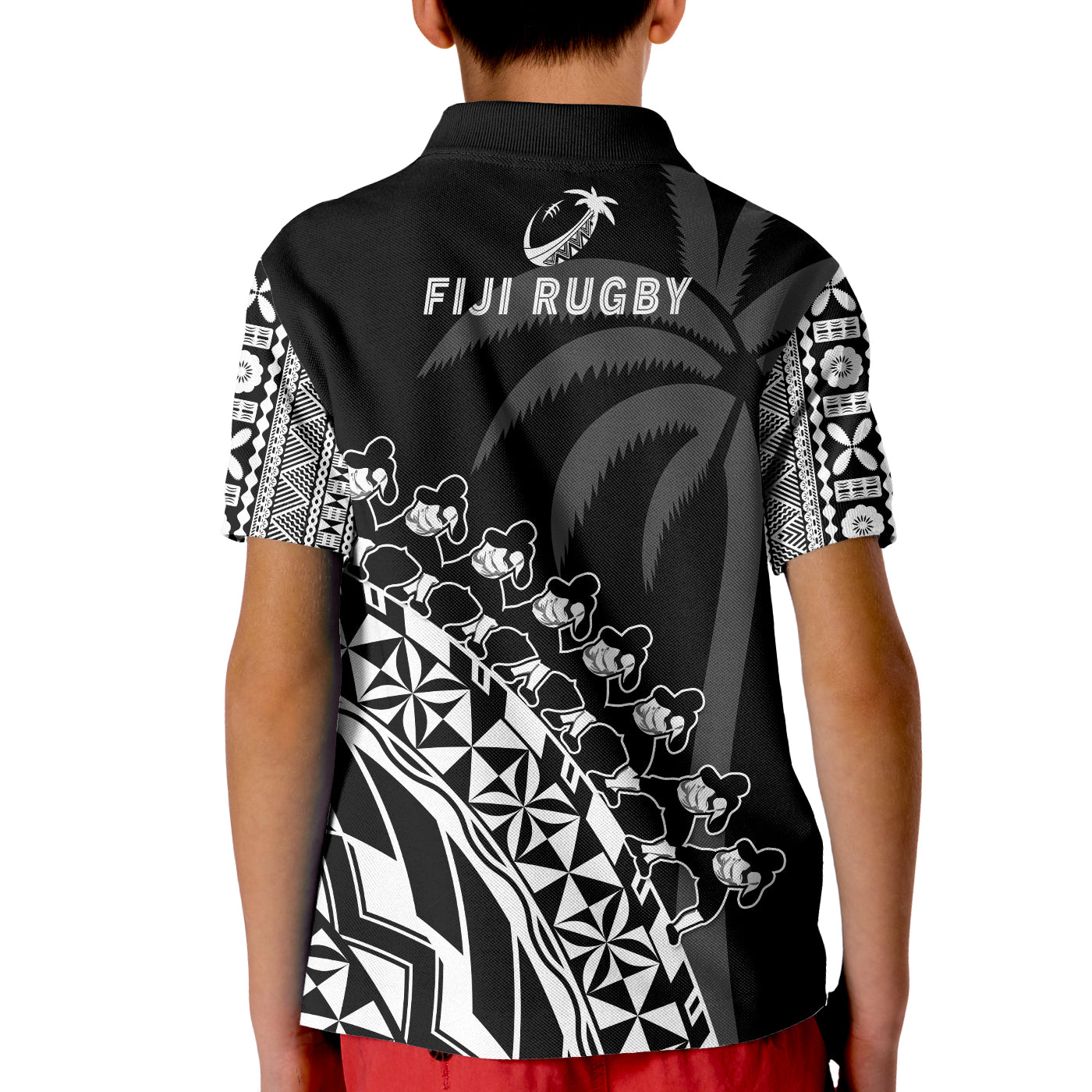 Fiji Rugby Polo Shirt Fijian Cibi Dance Tapa Pattern Black LT14