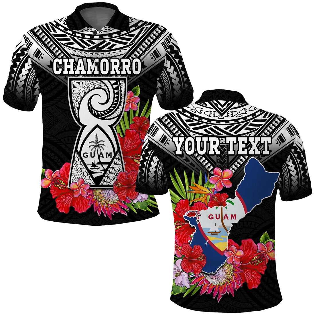 Custom Chamorro Guam Polo Shirt Guaman Latte Stone Tropical Flowers Black Style LT14