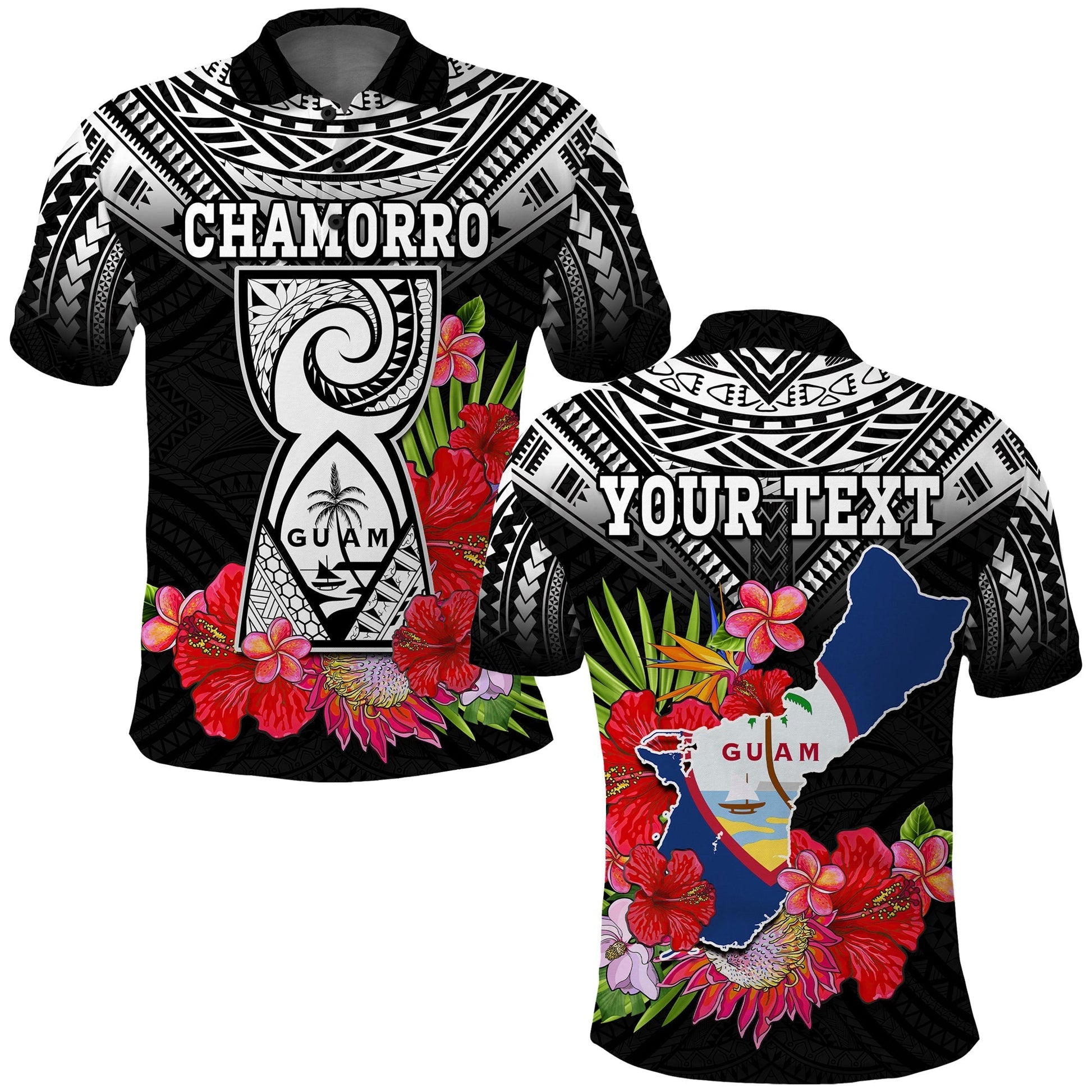 Custom Chamorro Guam Polo Shirt Guaman Latte Stone Tropical Flowers Black Style LT14