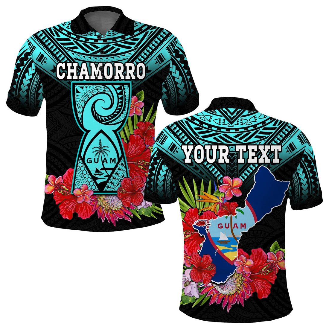 Custom Chamorro Guam Polo Shirt Guaman Latte Stone Tropical Flowers Turquoise Style LT14