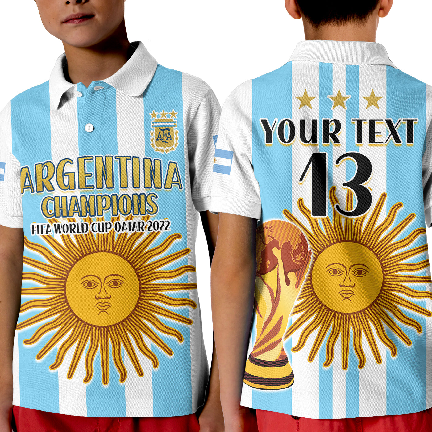 (Custom Text and Number) Argentina Football Polo Shirt FIFA 2022 World Cup Champions LT13