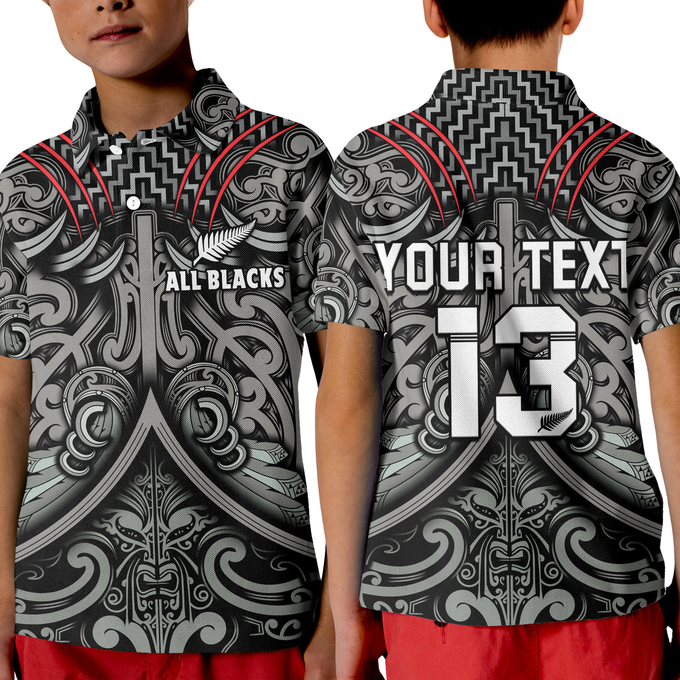 Custom Text and Number New Zealand Silver Fern Rugby Polo Shirt All Black NZ Maori Pattern LT13