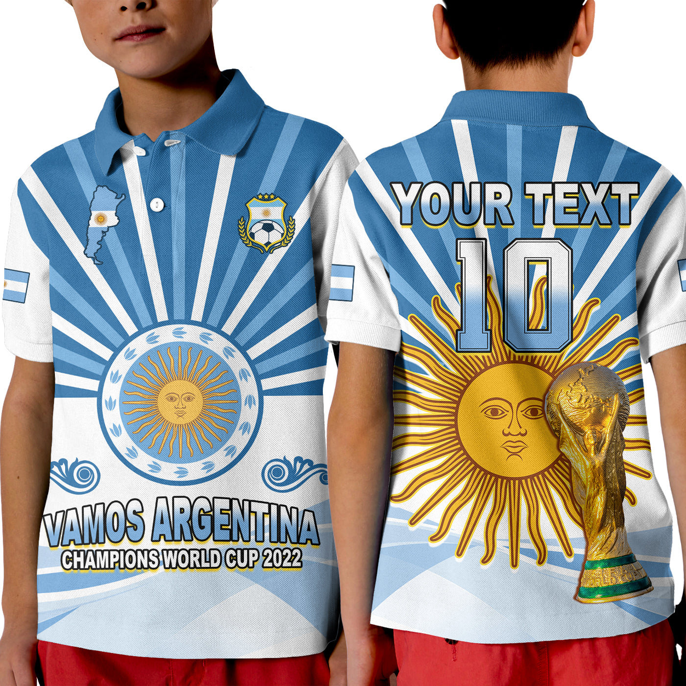 (Custom Text and Number) Argentina Football Polo Shirt The Sun WC2022 Soccer Vamos La Albiceleste LT13