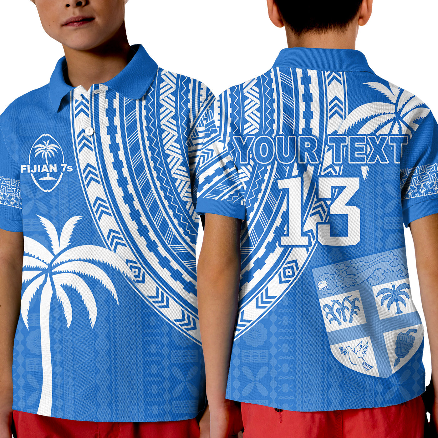 Custom Text and Number Fiji Rugby Sevens Polo Shirt Fijian 7s Tapa Polynesian Blue Ver.01 LT13