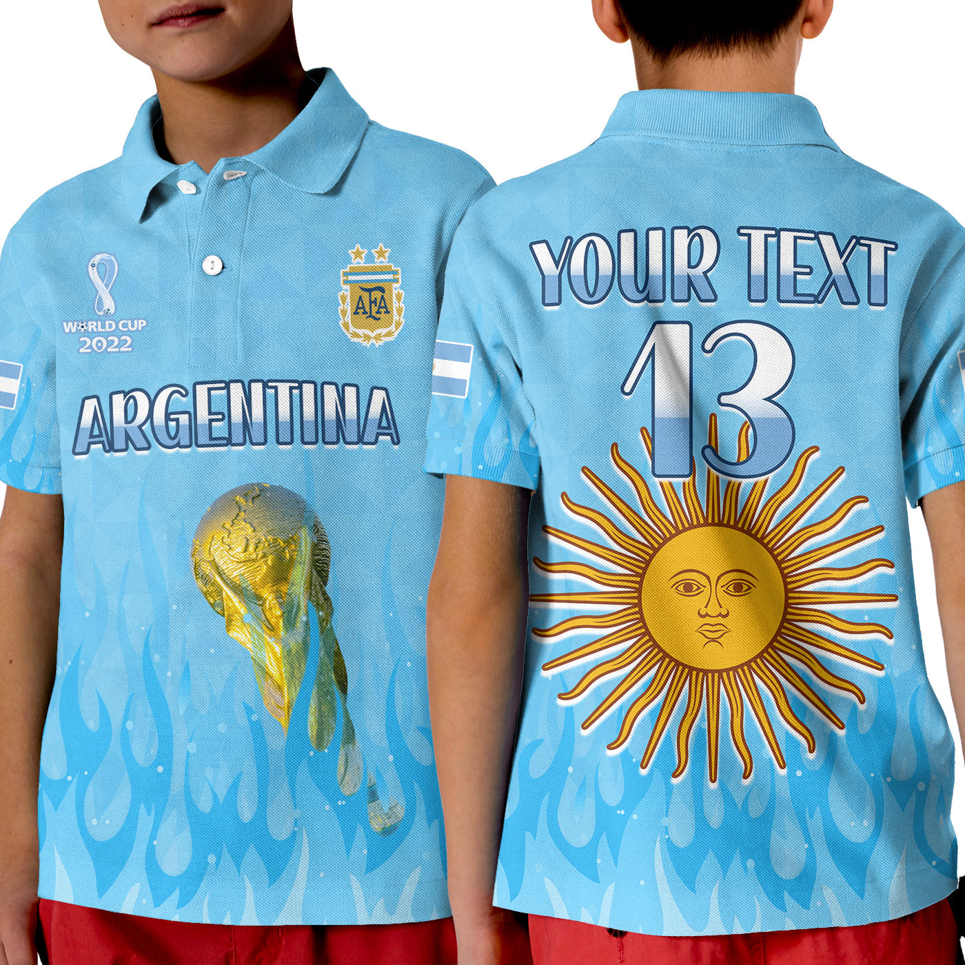(Custom Text and Number) Argentina Football Polo Shirt Vamos Sky Champions World Cup Fire LT13