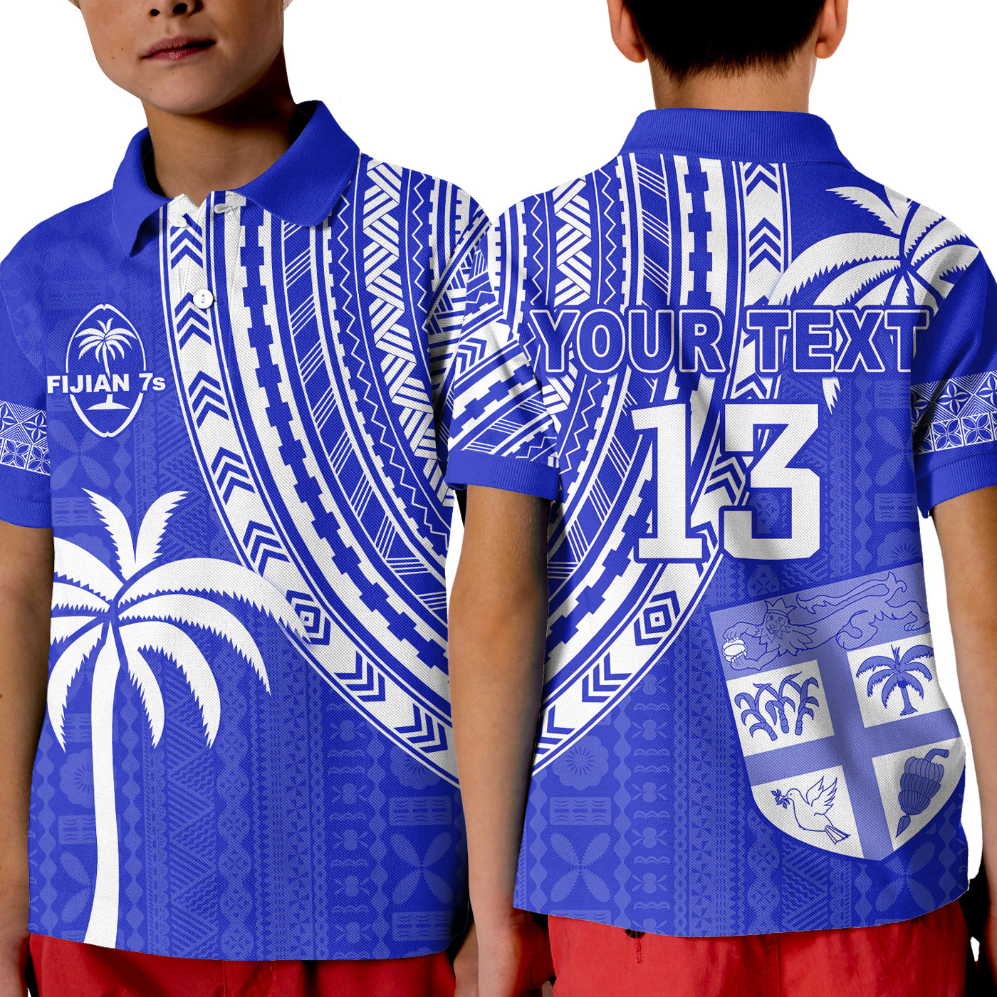 Custom Text and Number Fiji Rugby Sevens Polo Shirt Fijian 7s Tapa Polynesian Blue Ver.02 LT13