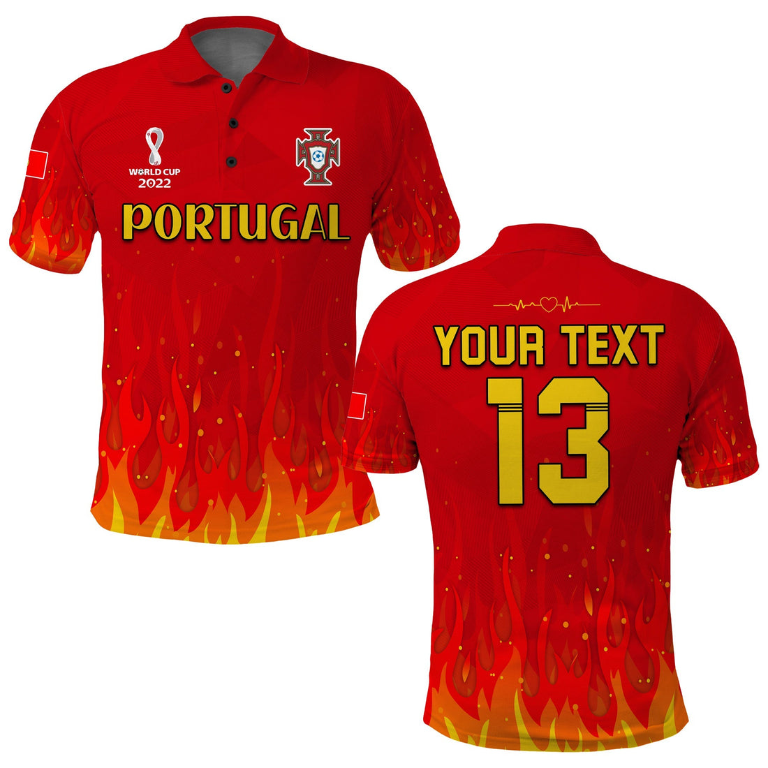 (Custom Text and Number) Portugal Football Polo Shirt Champions Soccer World Cup My Heartbeat Fire LT13