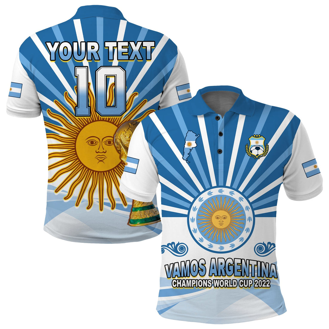 (Custom Text and Number) Argentina Football Polo Shirt The Sun WC2022 Soccer Vamos La Albiceleste LT13