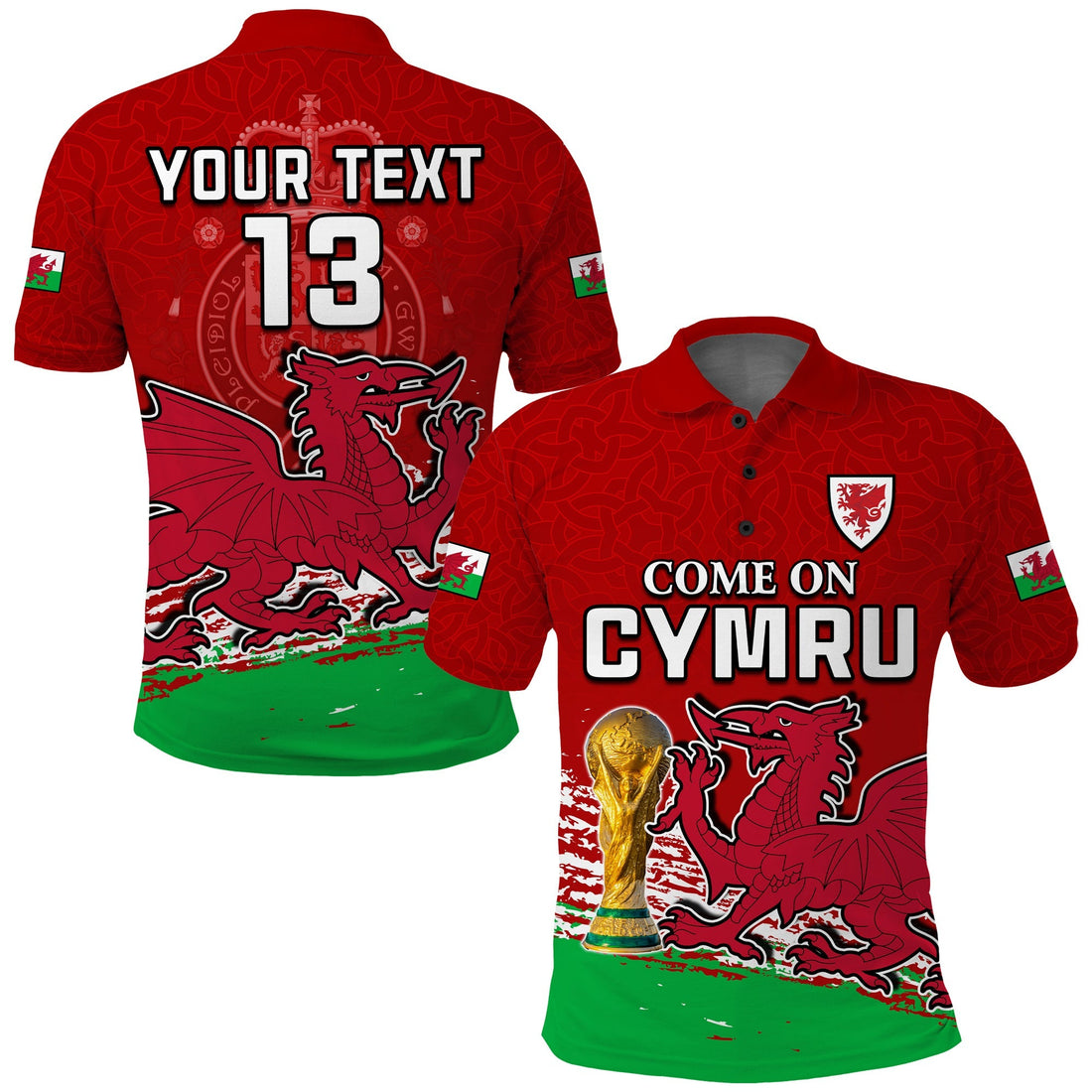 (Custom Text and Number) Wales Football Polo Shirt Come On CYMRU The Red Wall Champions World Cup LT13