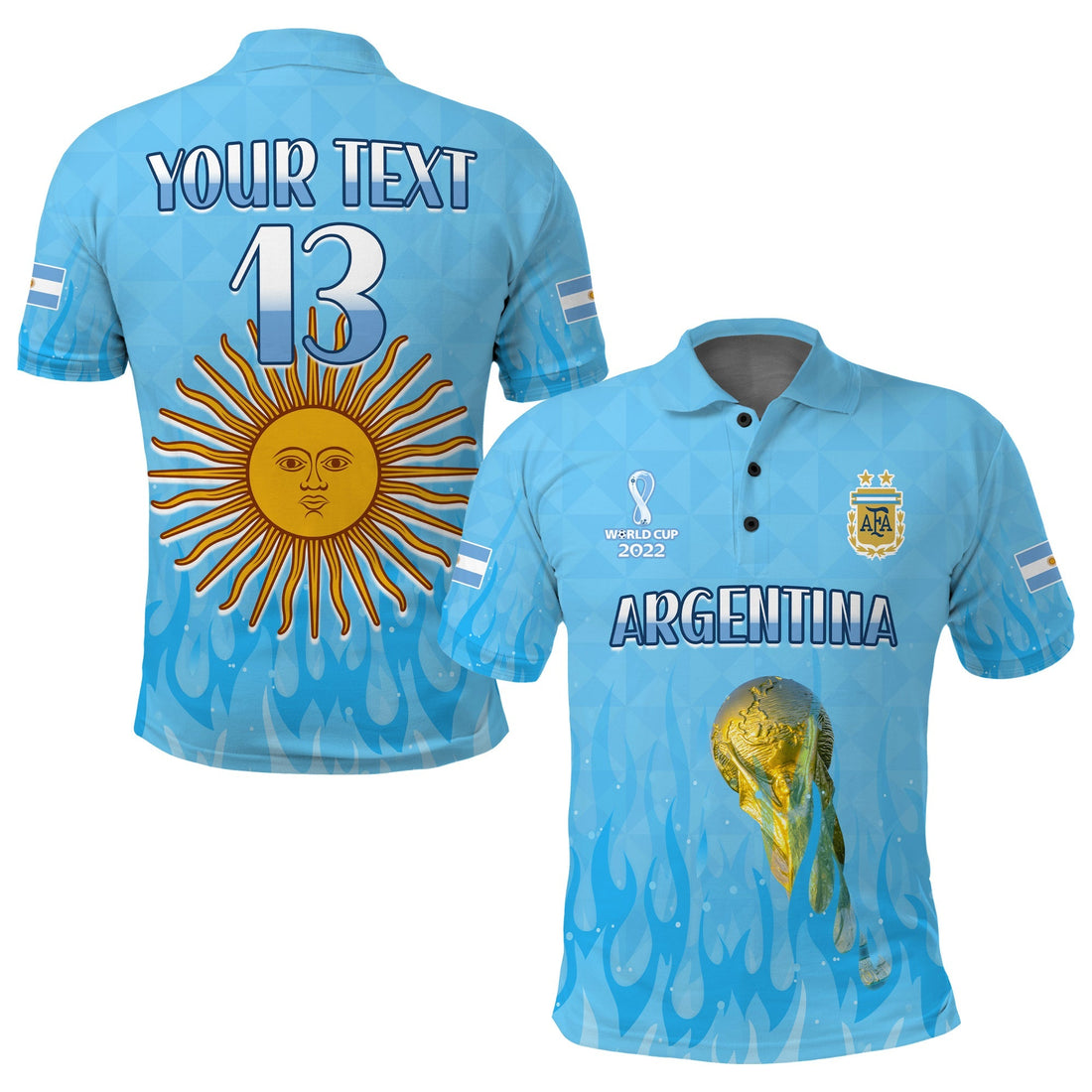 (Custom Text and Number) Argentina Football Polo Shirt Vamos Sky Champions World Cup Fire LT13