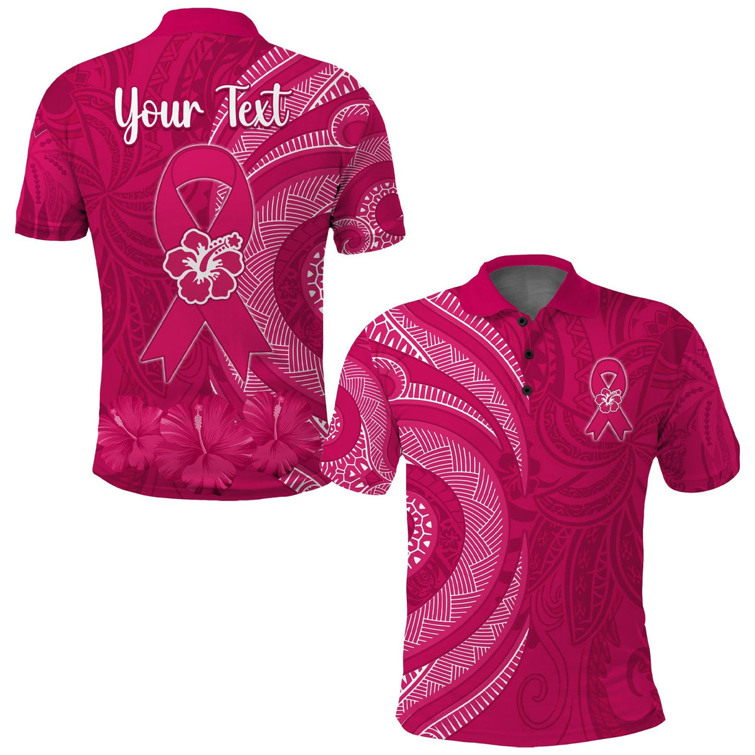 Custom Breast Cancer Awareness Polo Shirt Hibiscus Polynesian No One Fights Alone LT13