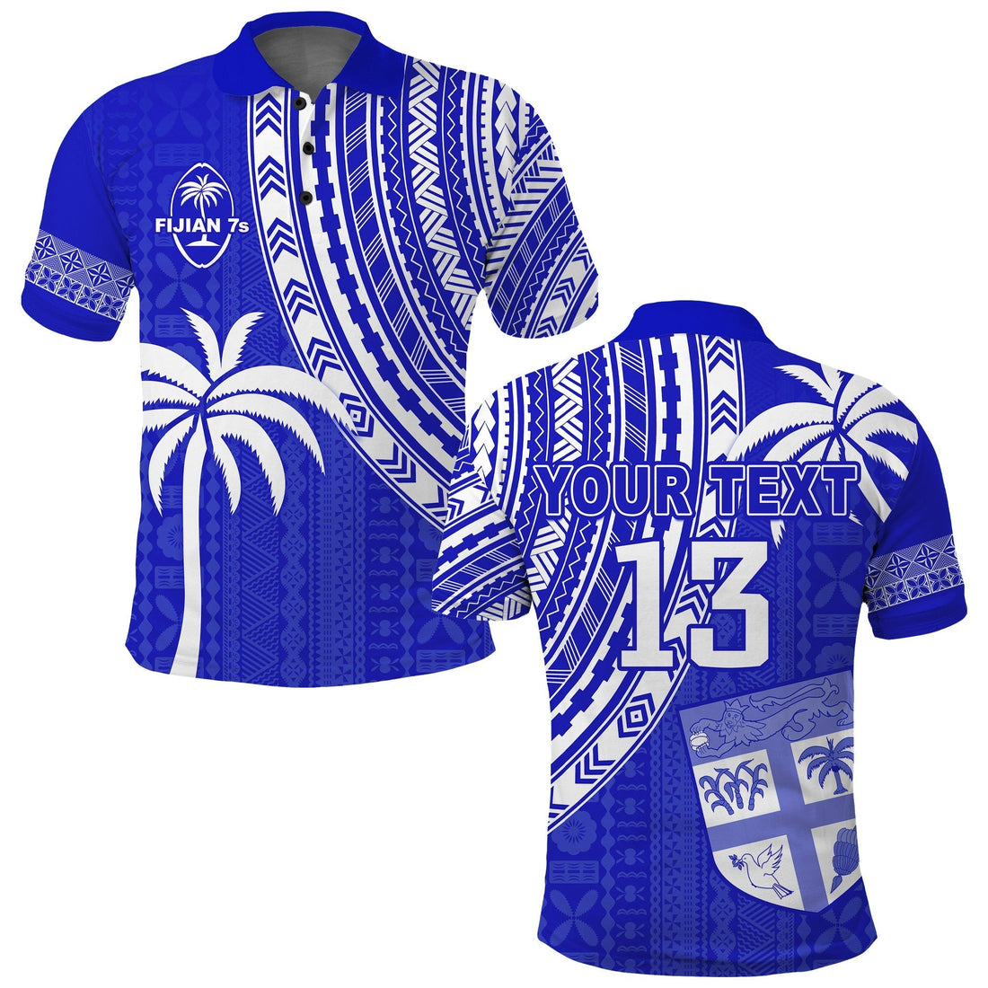 Custom Text and Number Fiji Rugby Sevens Polo Shirt Fijian 7s Tapa Polynesian Blue Ver.02 LT13