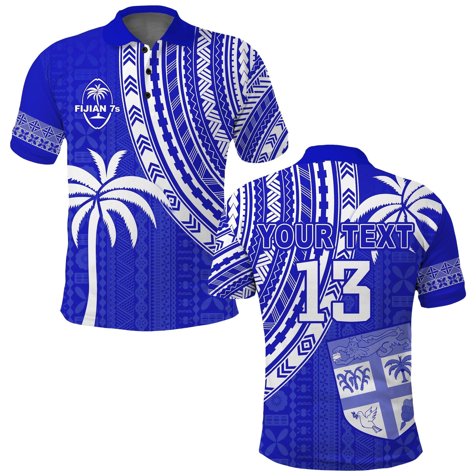 Custom Text and Number Fiji Rugby Sevens Polo Shirt Fijian 7s Tapa Polynesian Blue Ver.02 LT13