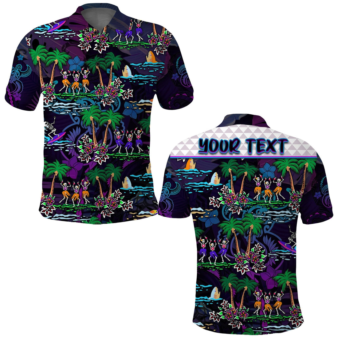 Custom Hawaii Skeleton Dancing Polo Shirt Halloween Hawaiian Turtle LT13