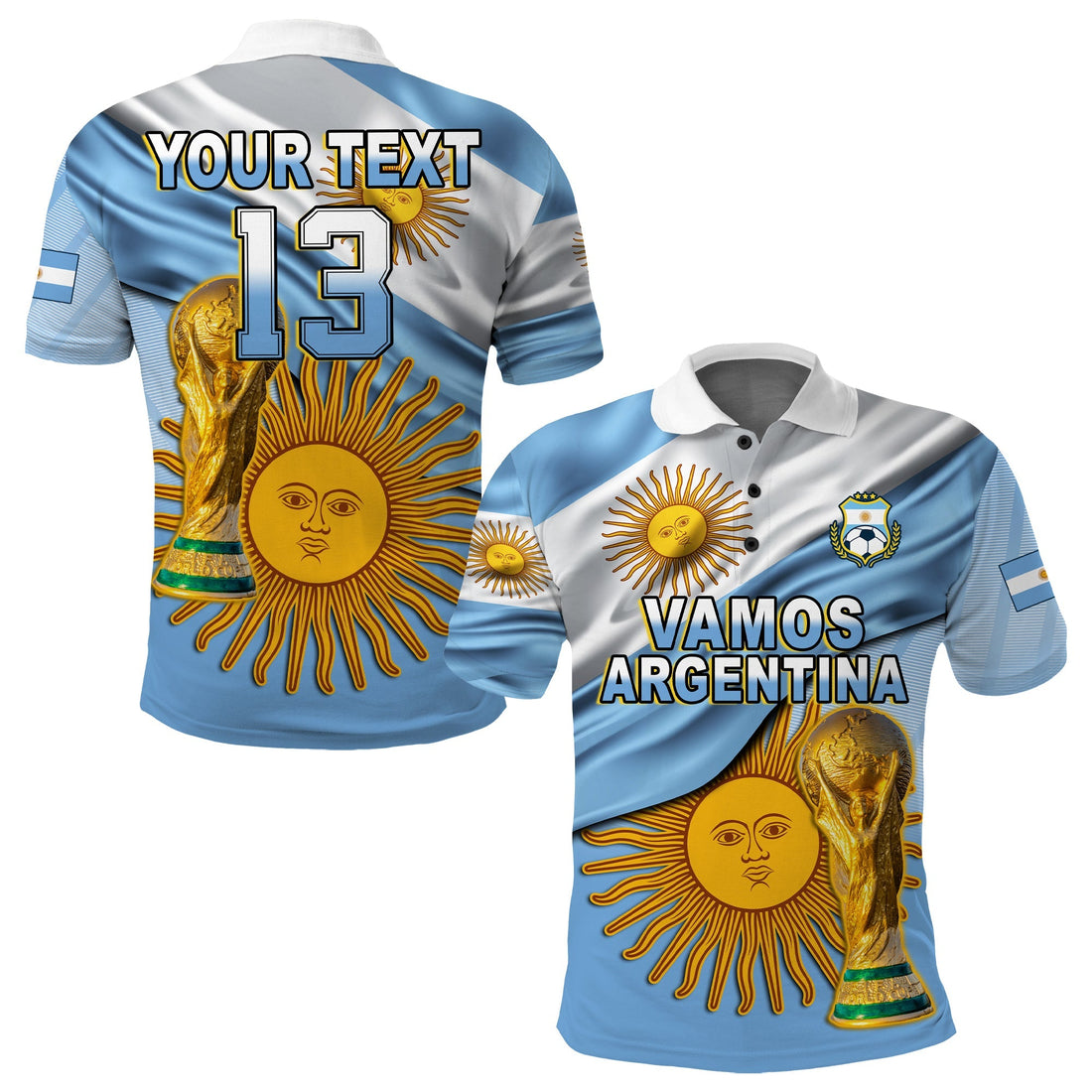 (Custom Text and Number) Football Polo Shirt Vamos La Albiceleste Champions World Cup Vibe Flag LT13