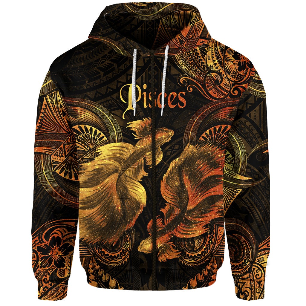 Pisces Zodiac Polynesian Zip Hoodie Unique Style Gold LT8