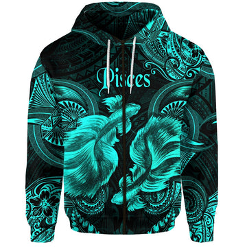 Pisces Zodiac Polynesian Zip Hoodie Unique Style Turquoise LT8