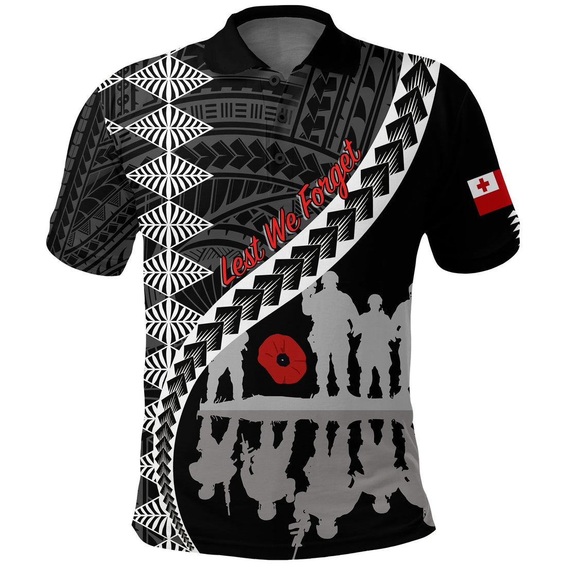 Tonga ANZAC Day Black and White Polo Shirt Lest We Forget LT7