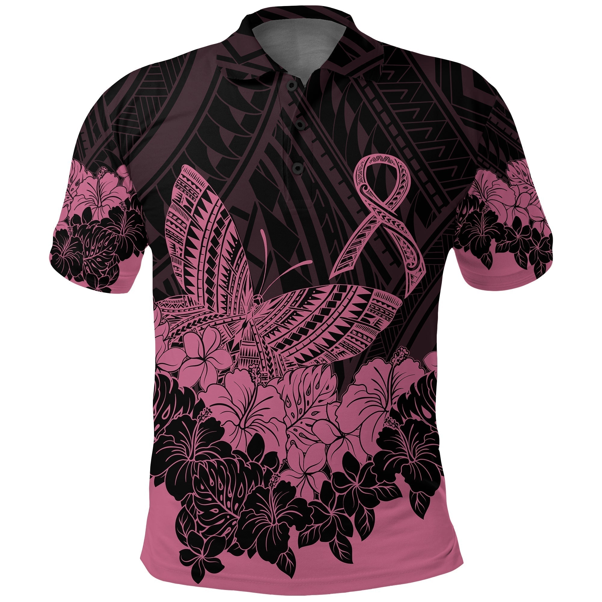 Polynesian Breast Cancer Awareness Polo Shirt Floral Butterfly LT7