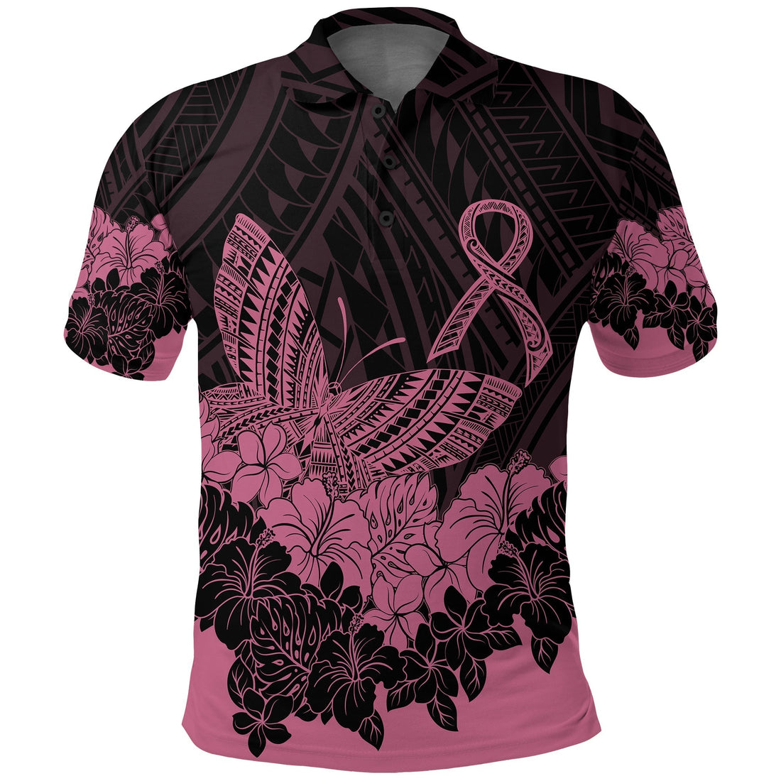 Polynesian Breast Cancer Awareness Polo Shirt Floral Butterfly LT7