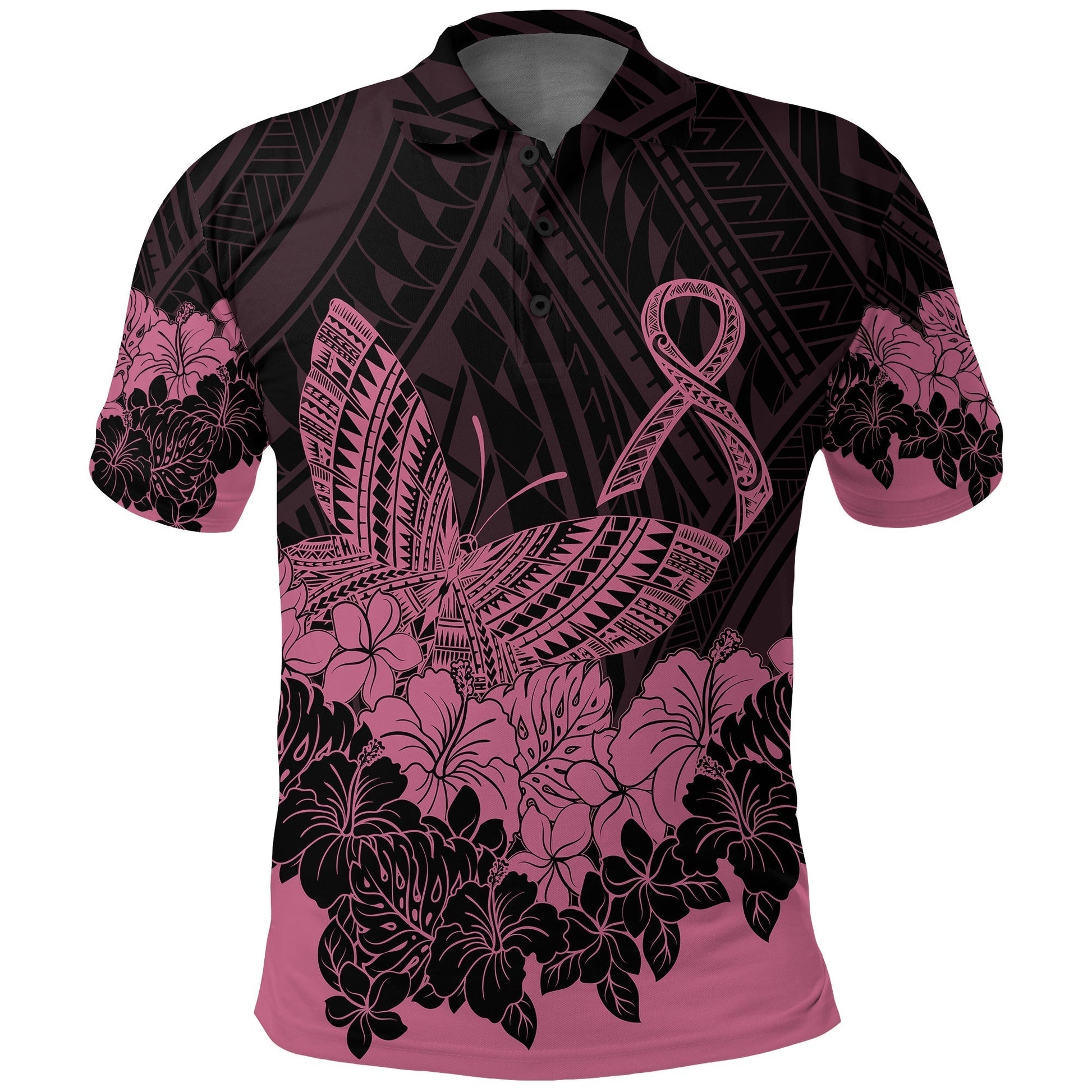 Polynesian Breast Cancer Awareness Polo Shirt Floral Butterfly LT7