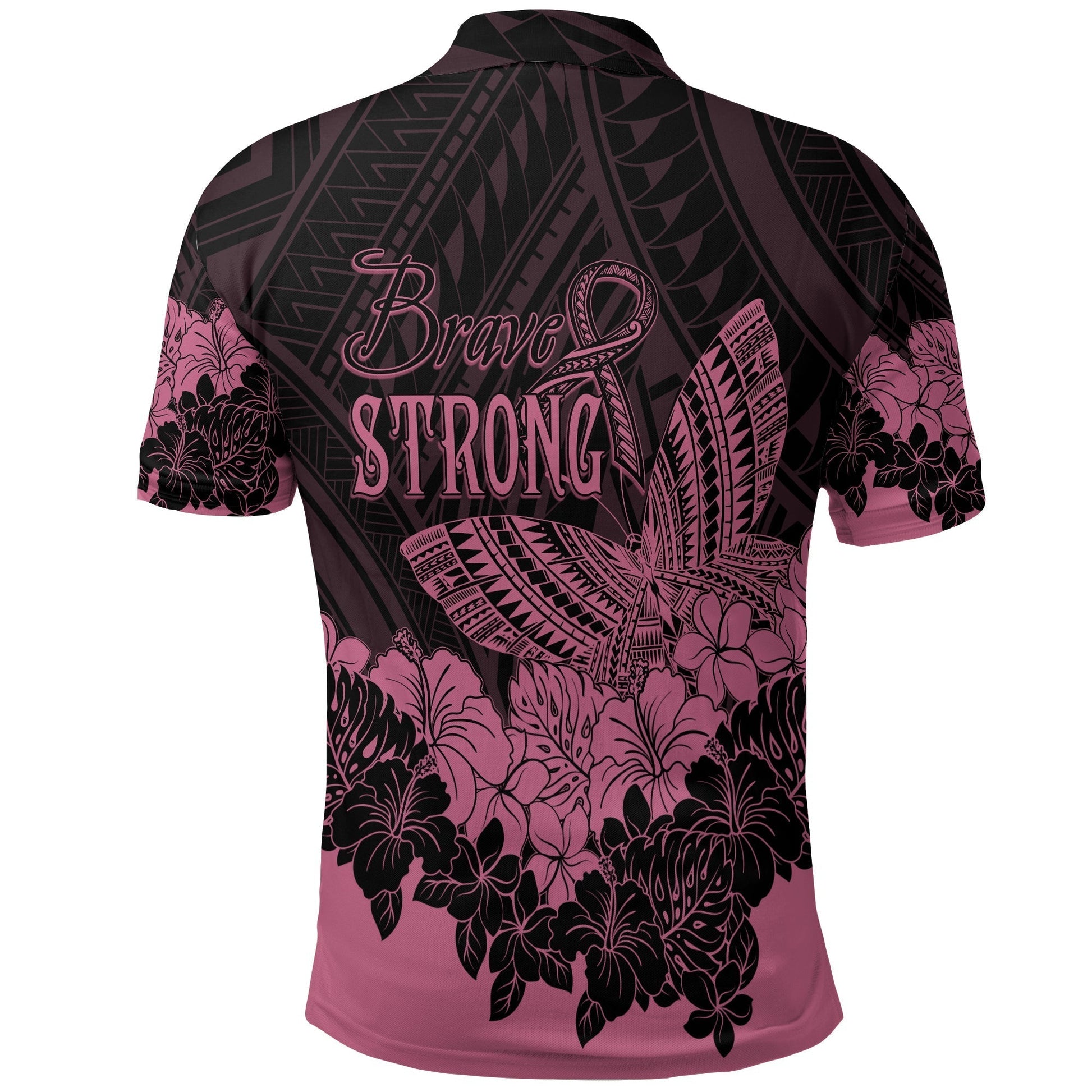 Polynesian Breast Cancer Awareness Polo Shirt Floral Butterfly LT7