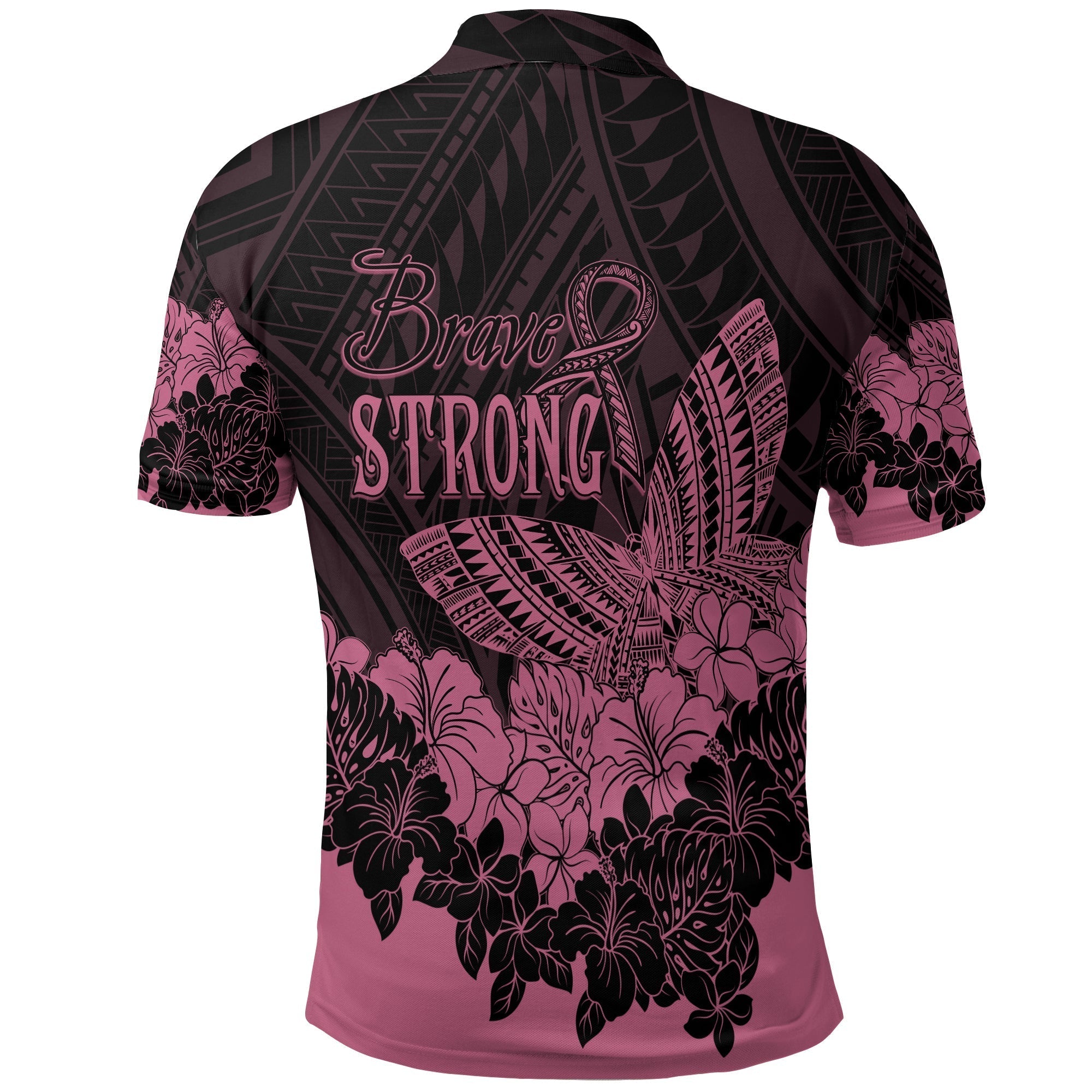 Polynesian Breast Cancer Awareness Polo Shirt Floral Butterfly LT7