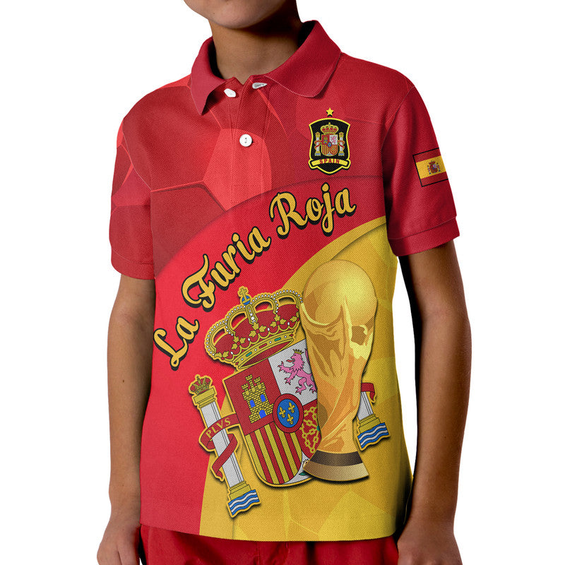 Custom Spain Football Champions Polo Shirt Spain Coat Of Arms And Trophy LT9