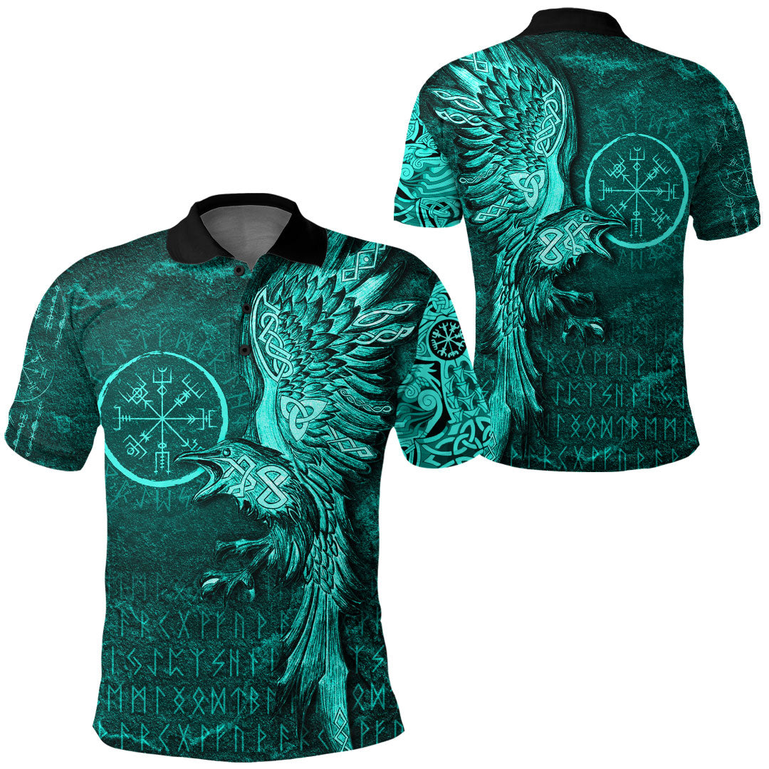 Viking Clothing Vegvisir With Raven Viking Compass Polo Shirt Cyan Version RLT12