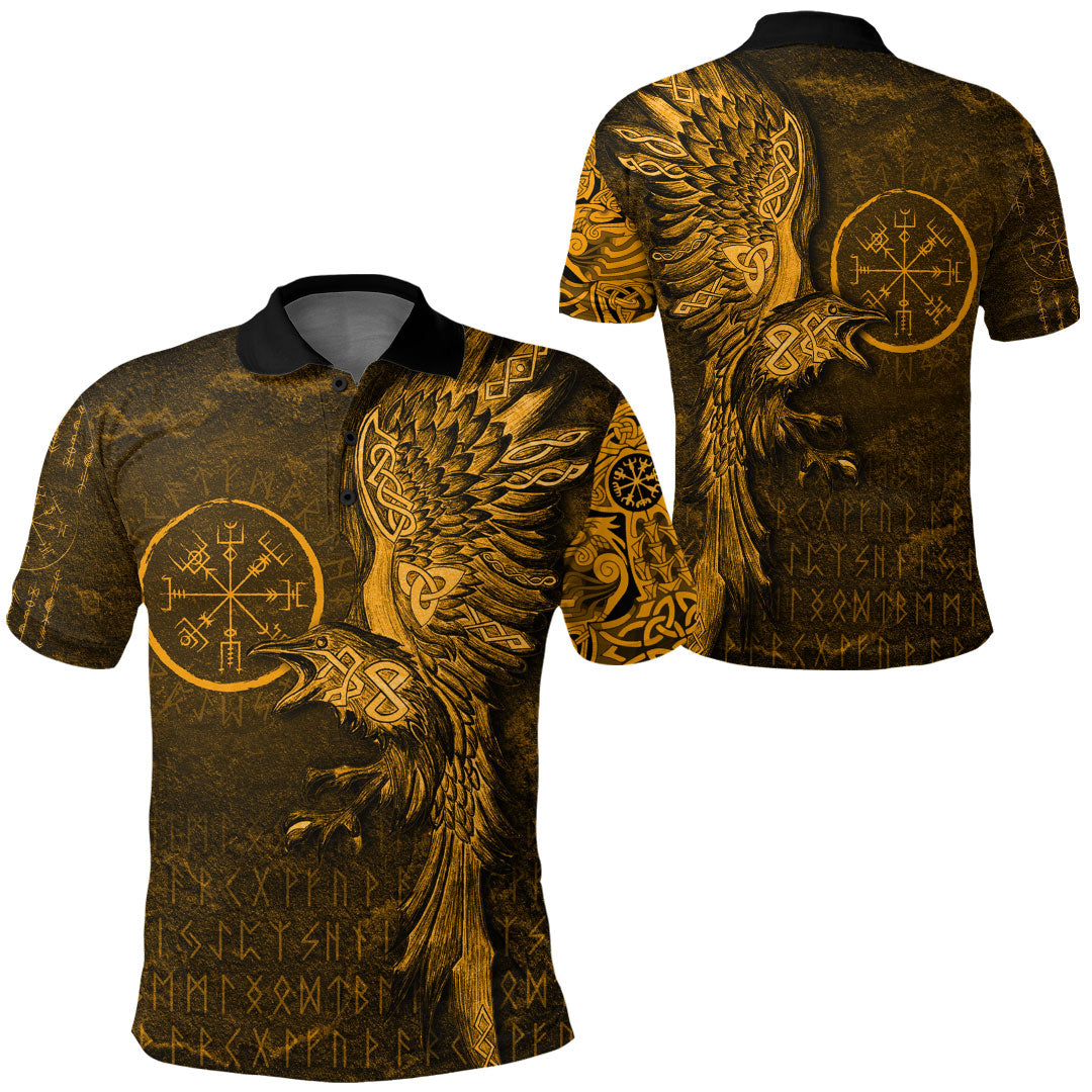 Viking Clothing Vegvisir With Raven Viking Compass Gold Version Polo Shirt RLT12