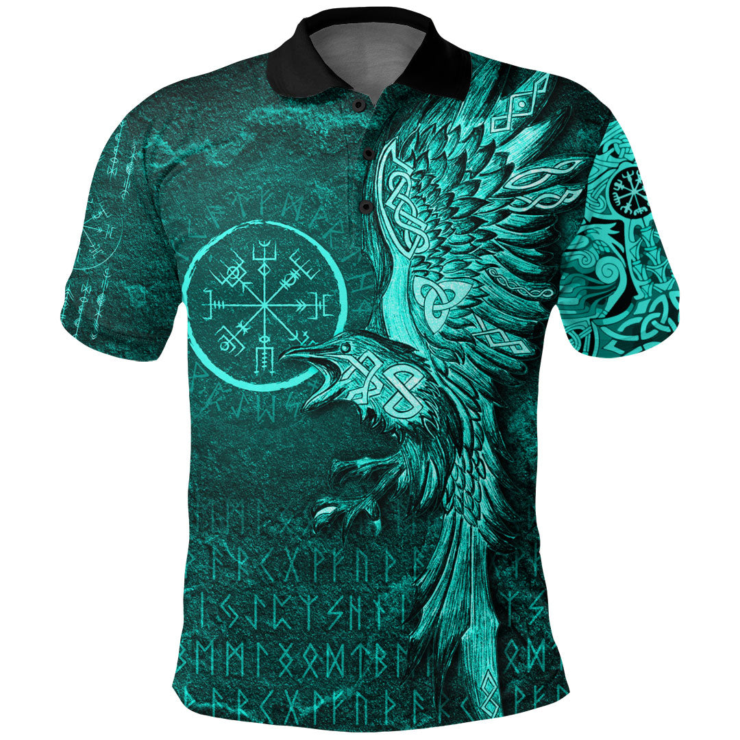 Viking Clothing Vegvisir With Raven Viking Compass Polo Shirt Cyan Version RLT12