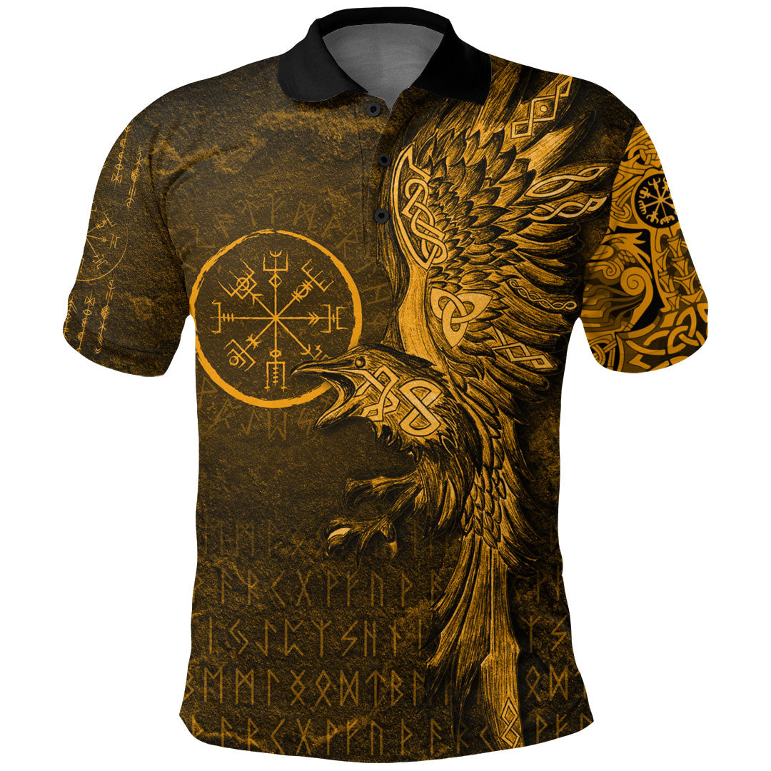 Viking Clothing Vegvisir With Raven Viking Compass Gold Version Polo Shirt RLT12