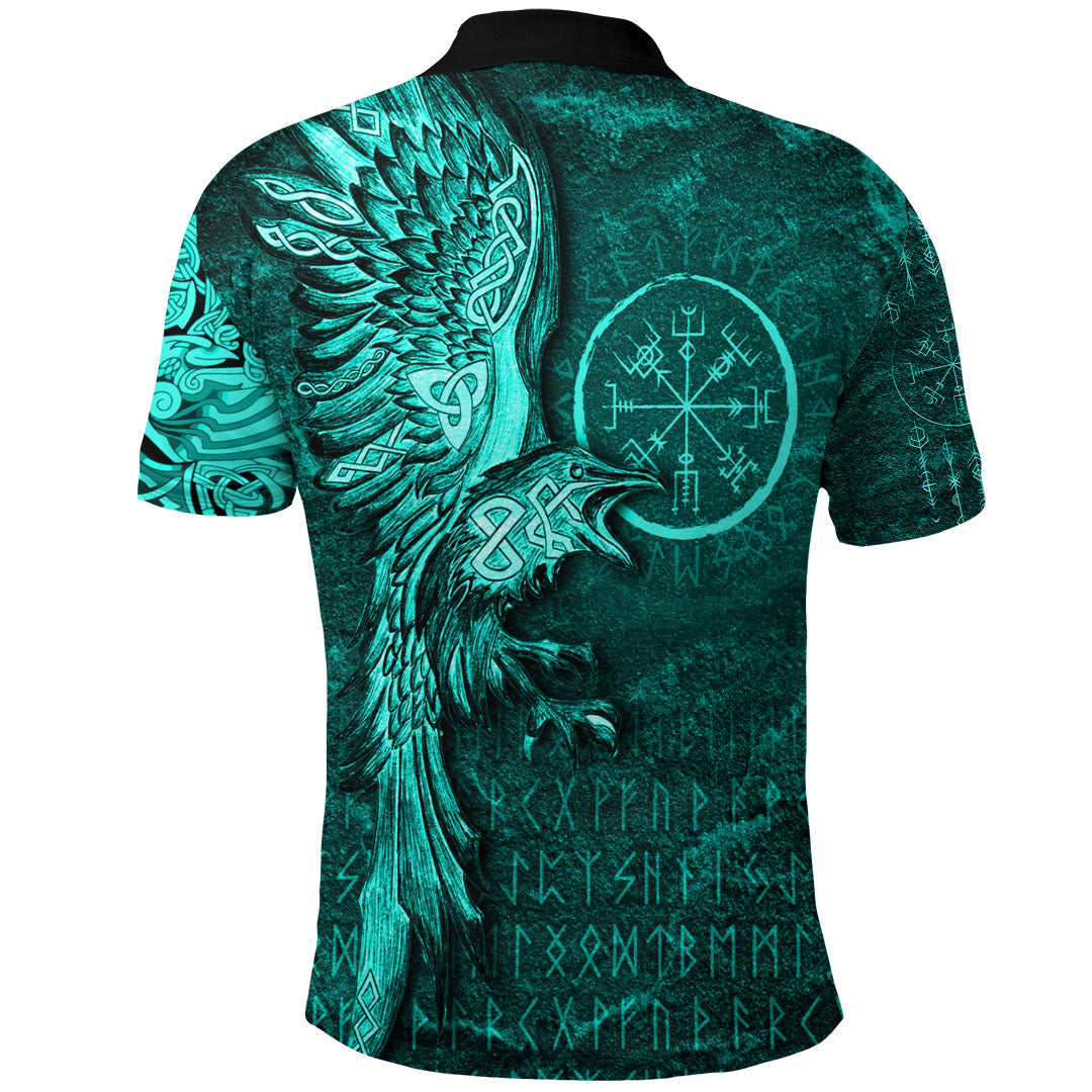Viking Clothing Vegvisir With Raven Viking Compass Polo Shirt Cyan Version RLT12