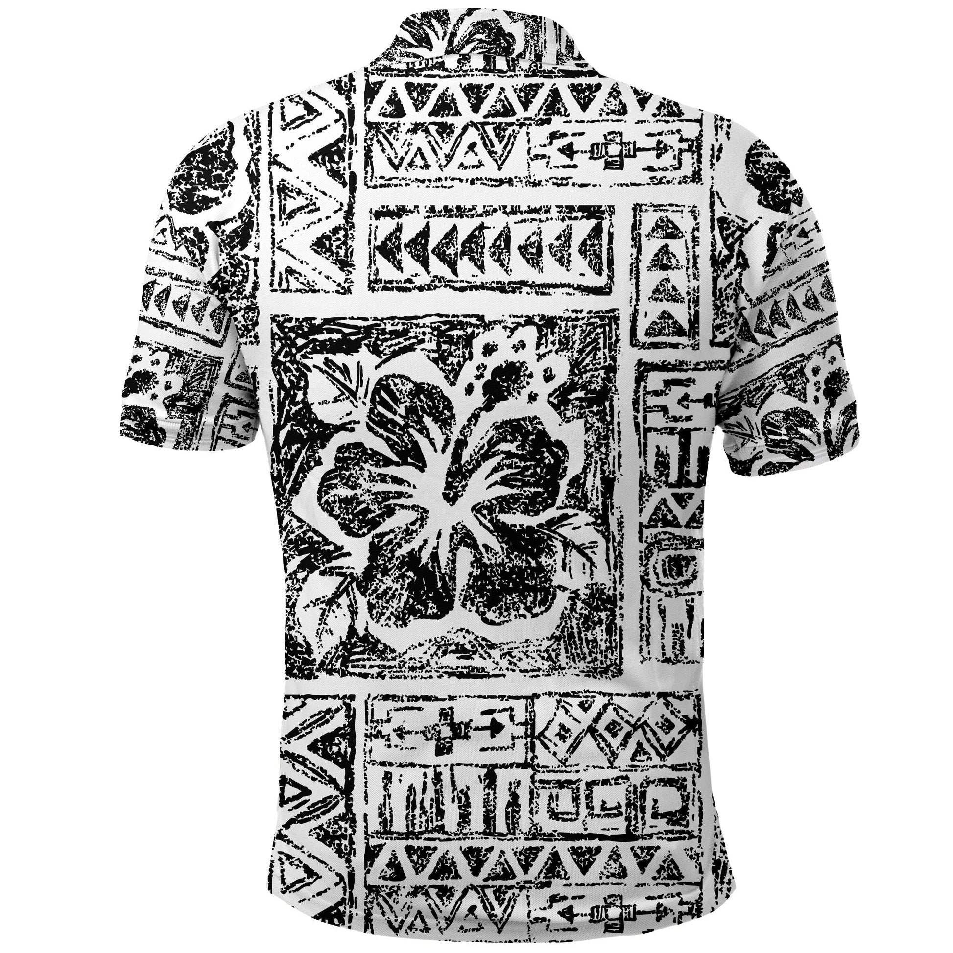 Fiji Tribal Black Polo Shirt Triple Hibiscus Tapa Style LT9