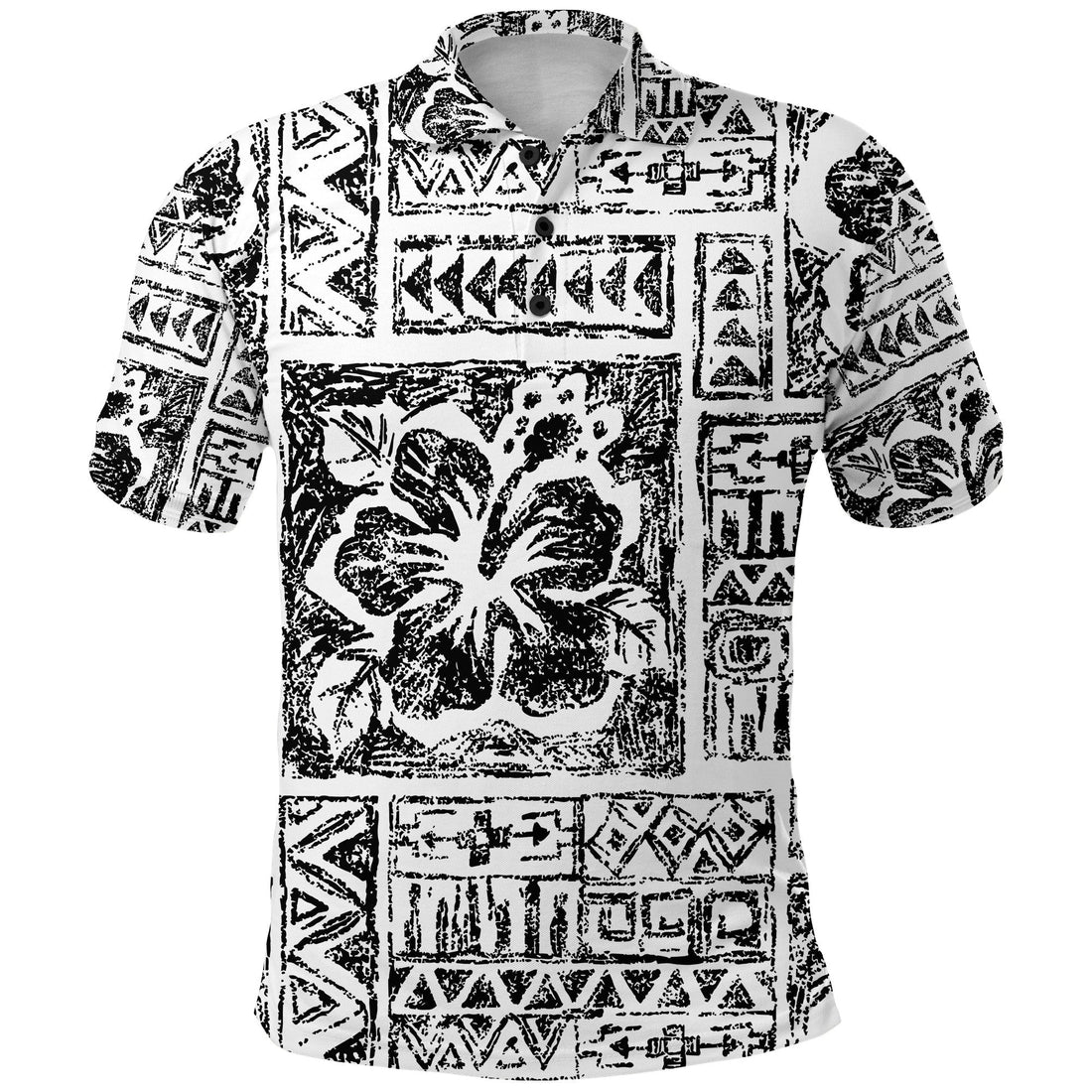 Fiji Tribal Black Polo Shirt Triple Hibiscus Tapa Style LT9