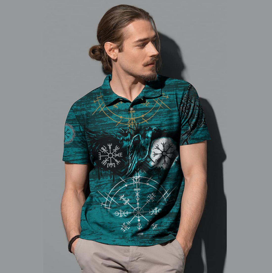 Raven of Odin and Symbol Viking Cyan Polo Shirt RLT12