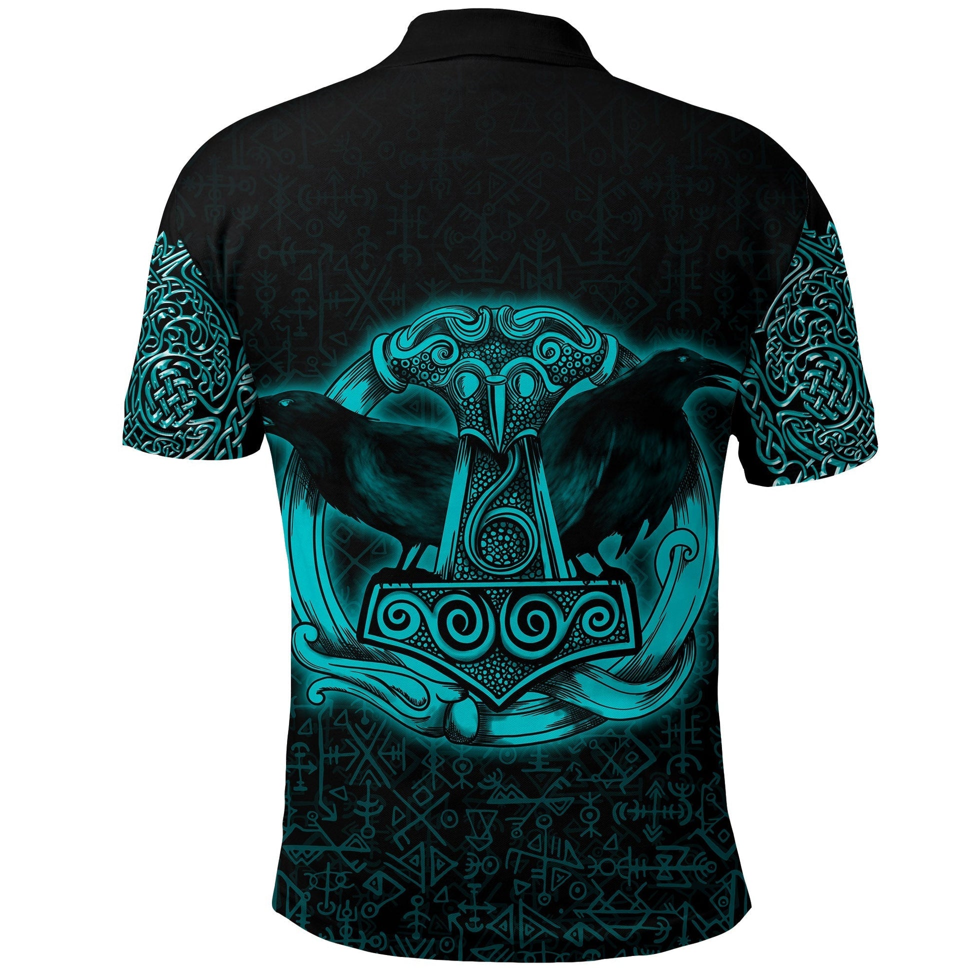 Viking Polo Shirt Raven Mjolnir Yggdrasil Cyan RLT12