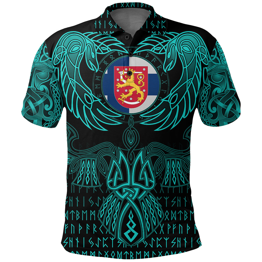 Viking Finland Polo Shirt Valknut of Odin Cyan RLT12