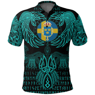 Viking Sweden Polo Shirt Valknut of Odin Cyan RLT12