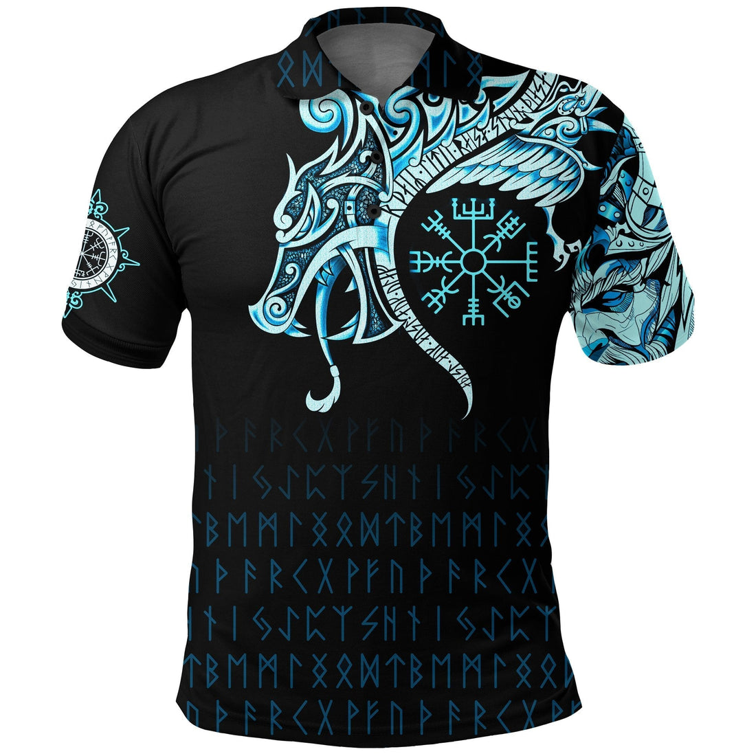 Viking Polo Shirt, Fenrir Raven and Vegvisir Tattoo Cyan RLT12