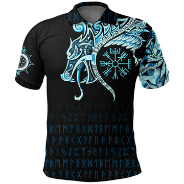 Viking Polo Shirt, Fenrir Raven and Vegvisir Tattoo Cyan RLT12