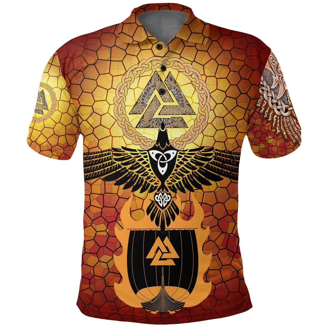Viking Polo Shirt Raven Of Odin and Drakkar On Fire On Vignette Gold Valknut RLT12