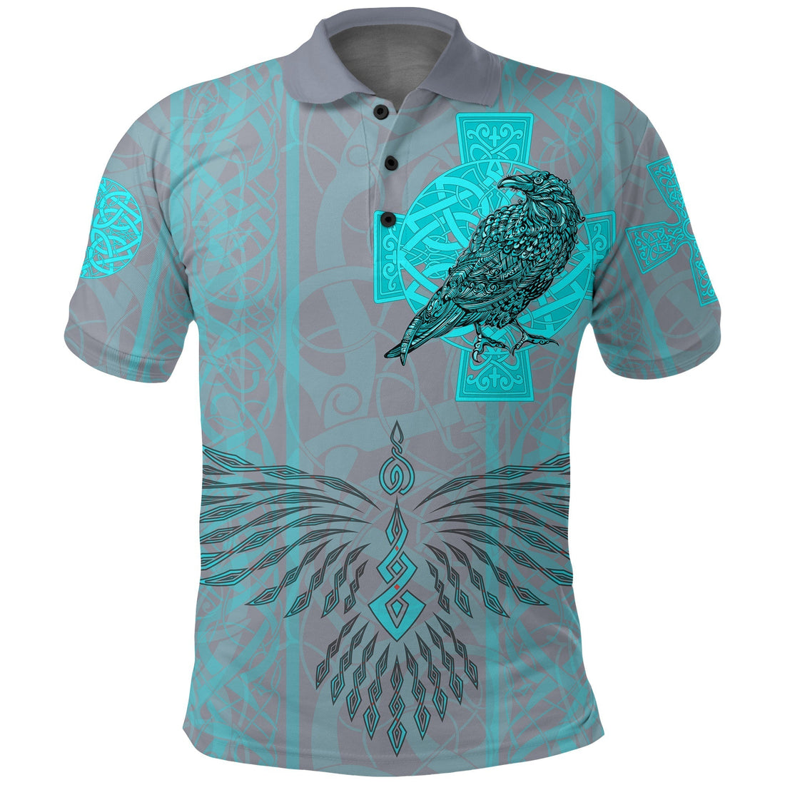 Viking Polo Shirt Odins Celtic Raven Scandinavian Tattoo Style Cyan RLT12