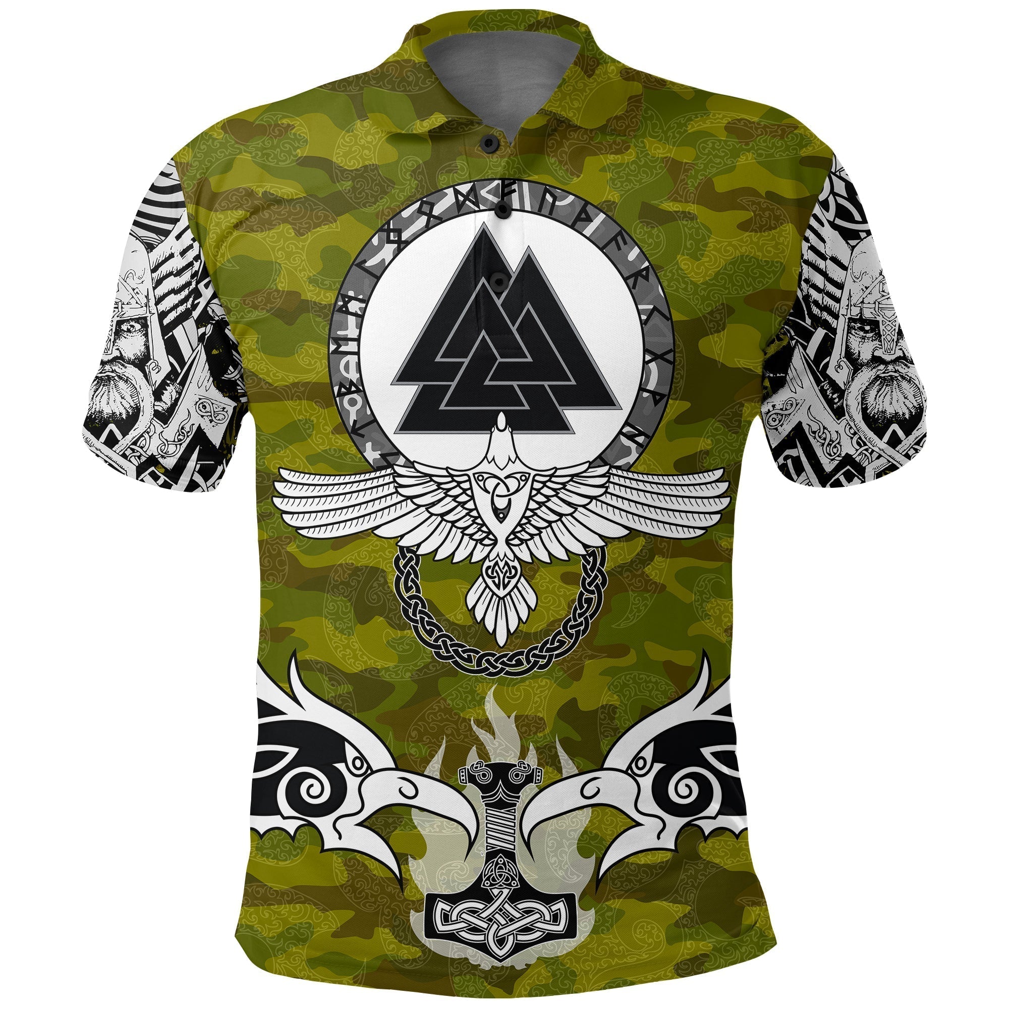 Viking Polo Shirt Raven Of Odin and Symbol Viking On Camo Background RLT12