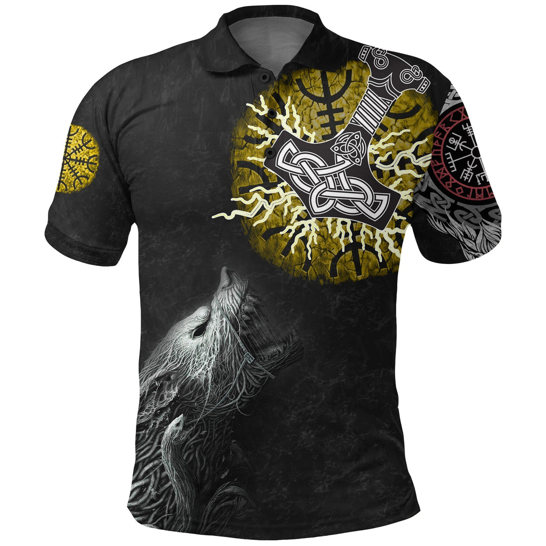 Viking Polo Shirt Fenrir Fight Mjolnir Of Thor On Helm Of Awe RLT12