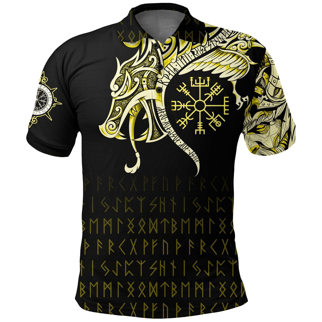 Viking Polo Shirt, Fenrir Raven and Vegvisir Tattoo Yellow RLT12