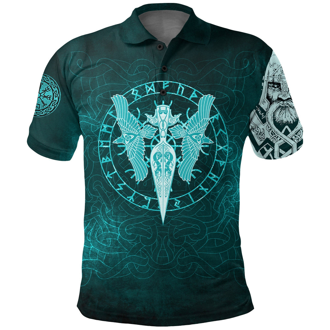 Viking Polo Shirt Cyan Spear Of The God Odin Gungnir and Two Cyan Ravens Style RLT12
