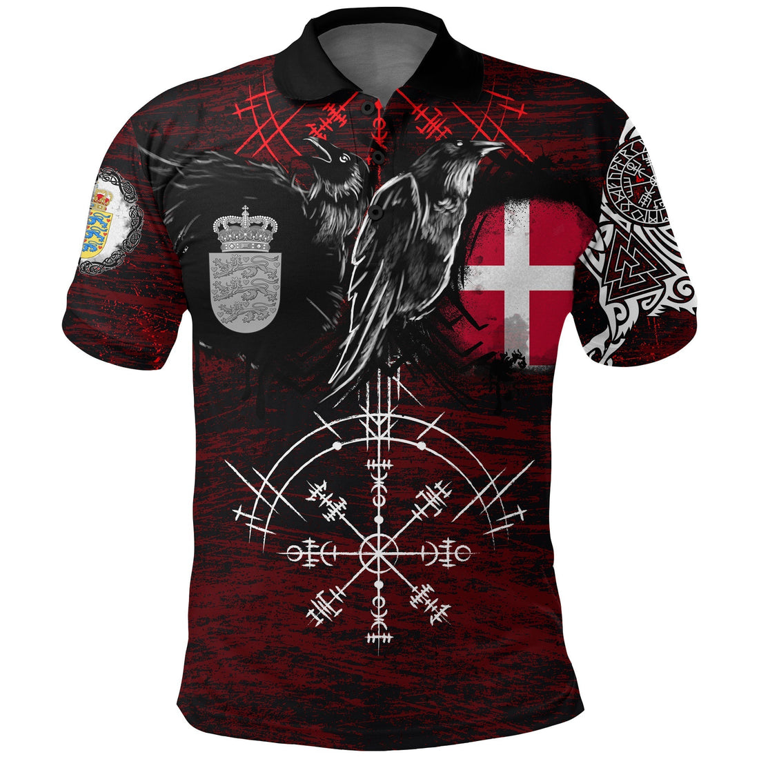 Viking Polo Shirt Denmark Raven Of Odin and Symbol Viking On Blood Background RLT12
