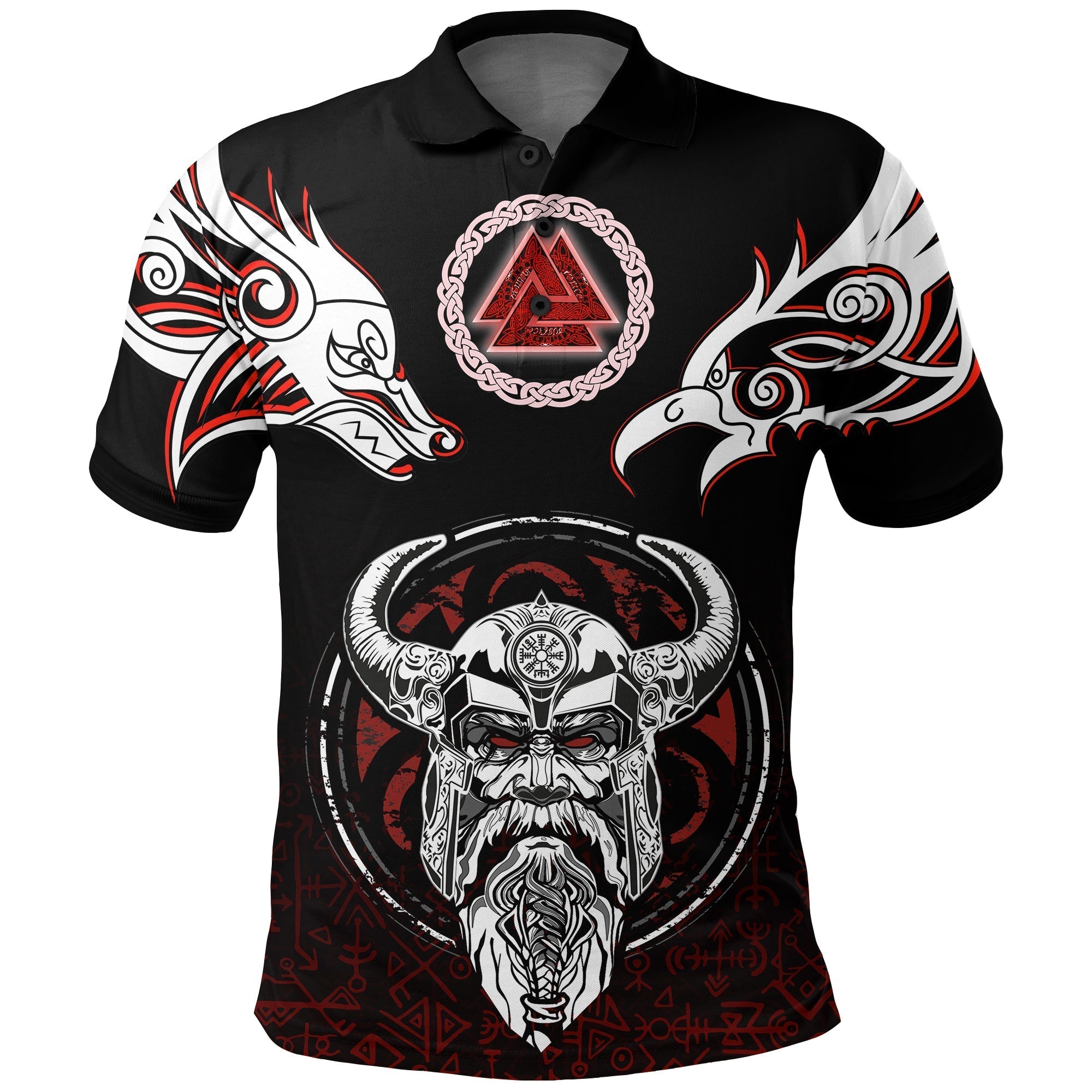 Viking Polo Shirt Odin, Raven, Fenrir and Valknut RLT12