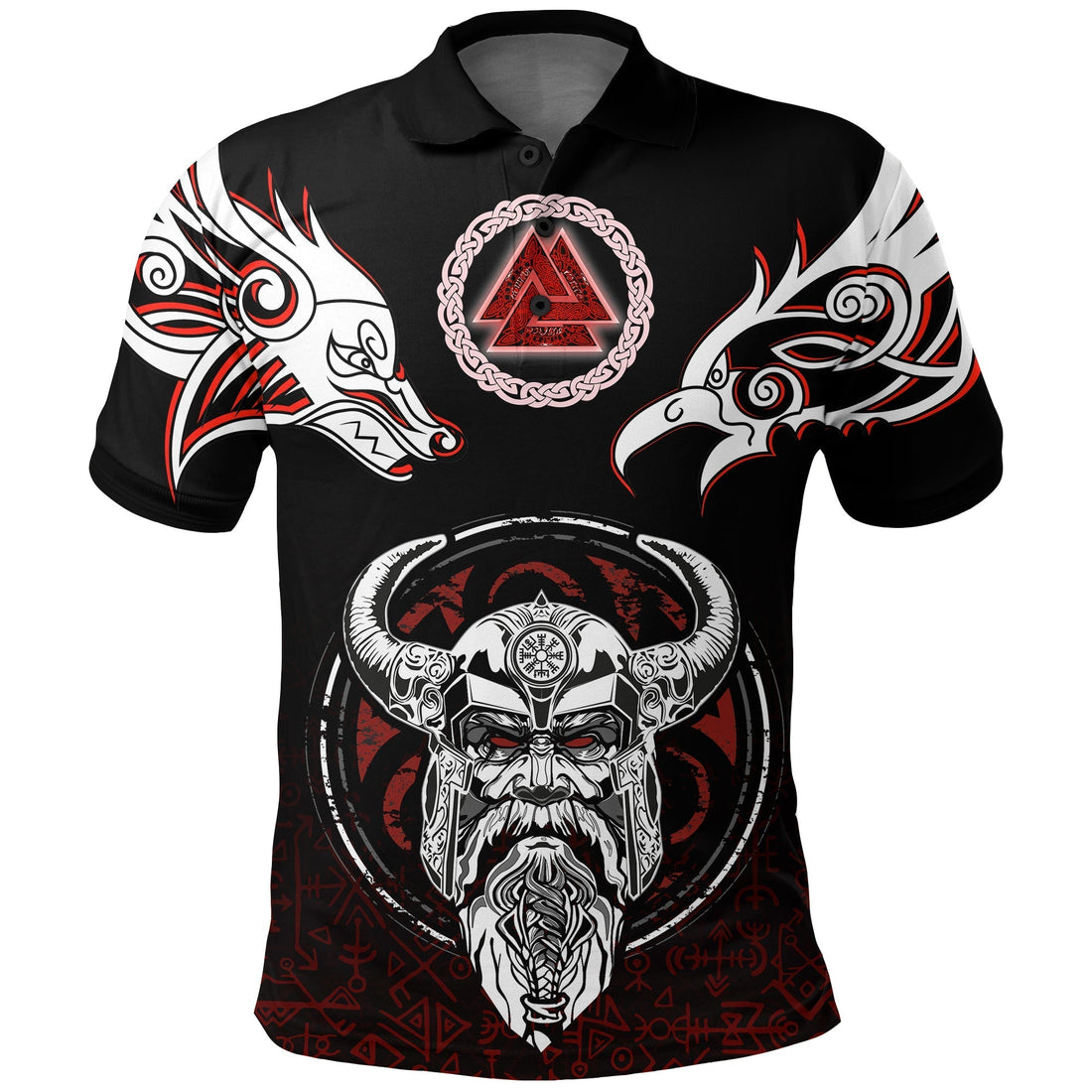 Viking Polo Shirt Odin, Raven, Fenrir and Valknut RLT12